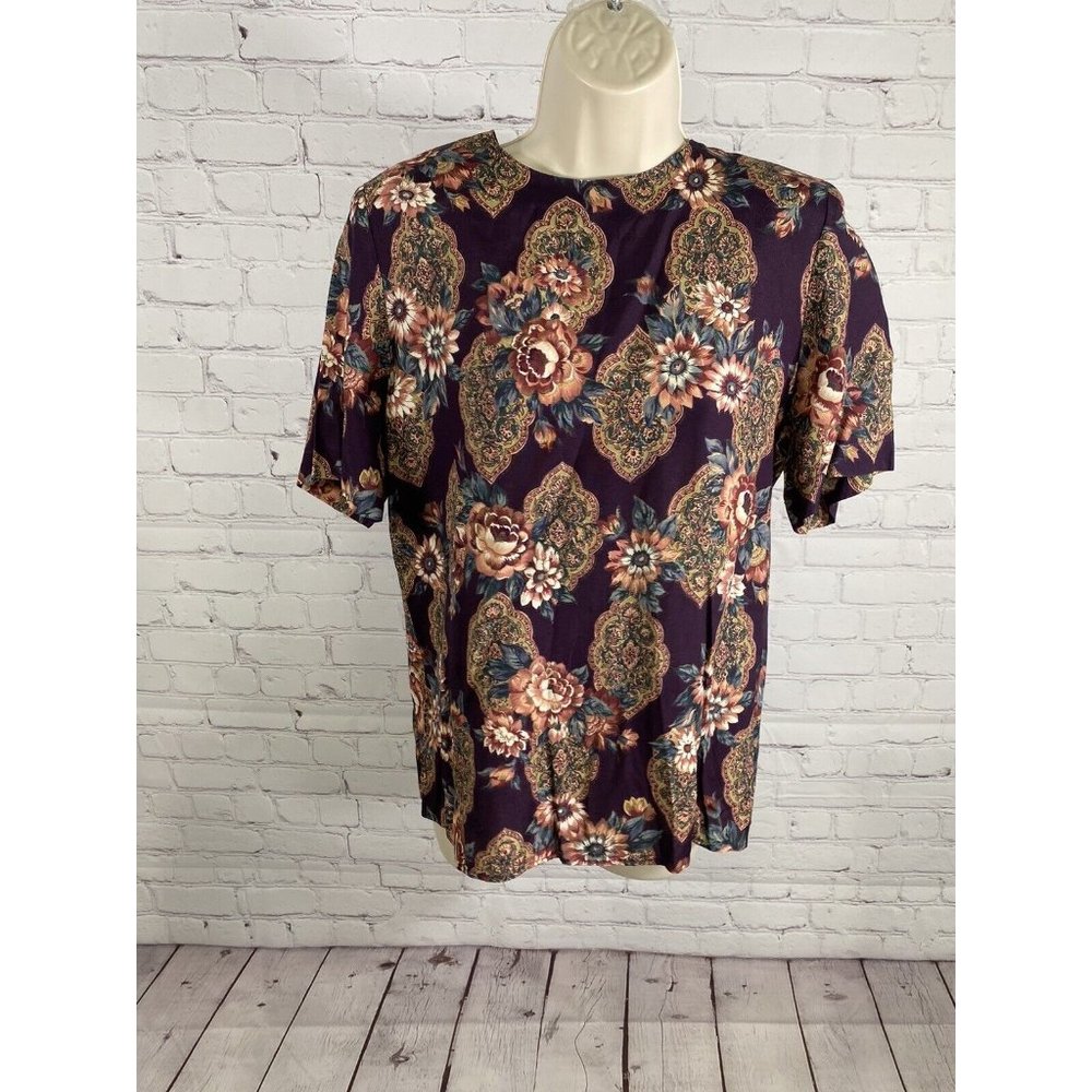 VTG Norton McNaughton Purple Floral Shoulder Pad Short Sleeve Blouse Women’s 8